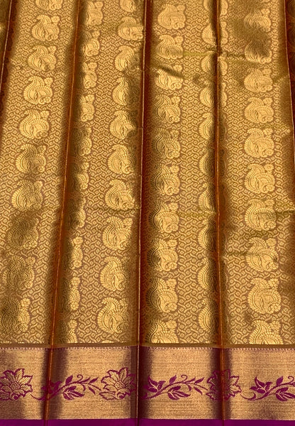 Vegan Silk Saree Golden Yellow Colour with Copper and Pink Border