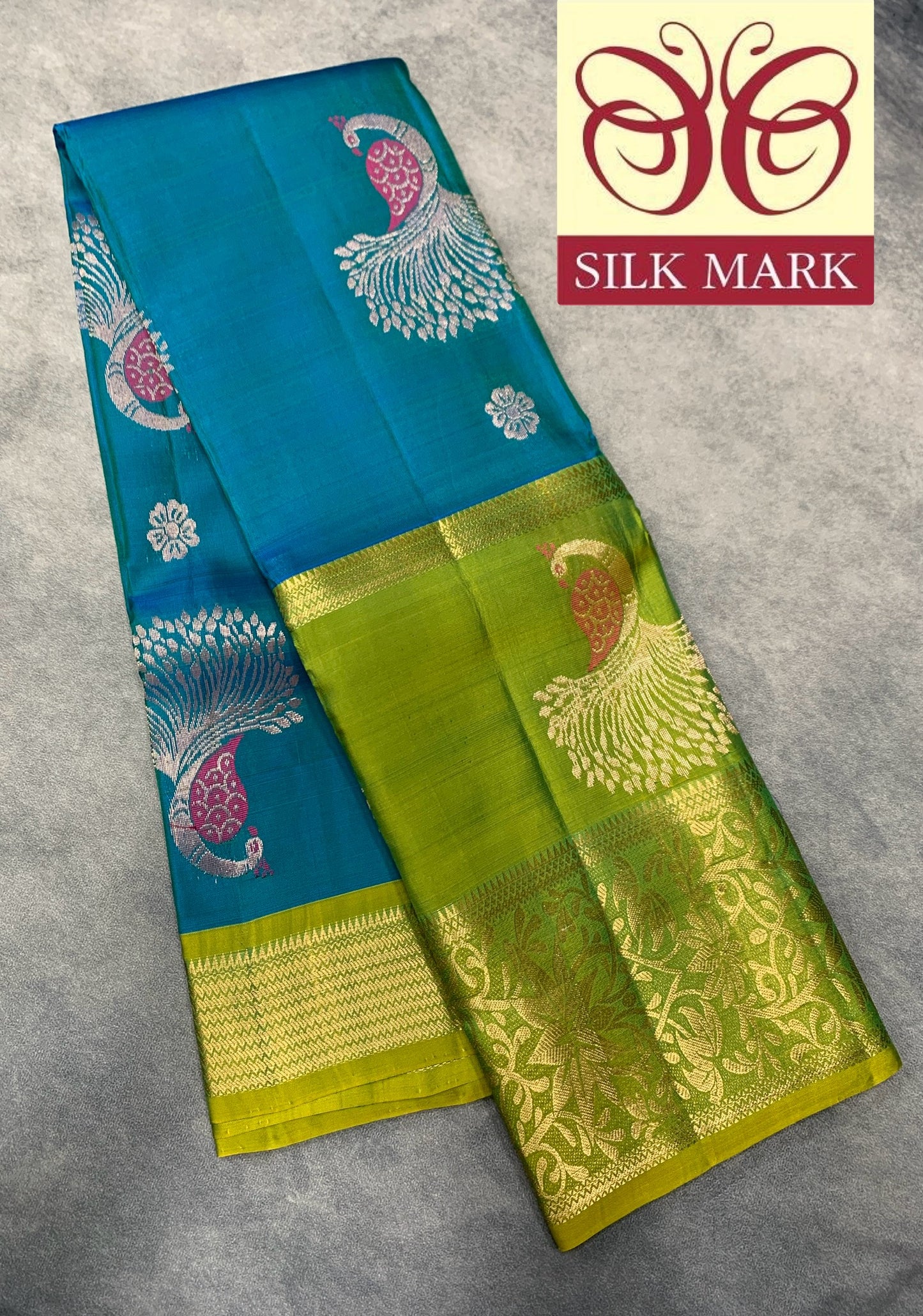Pure Kanchipuram Silk Saree Peacock Blue Colour with Metalic Golden Zari Border