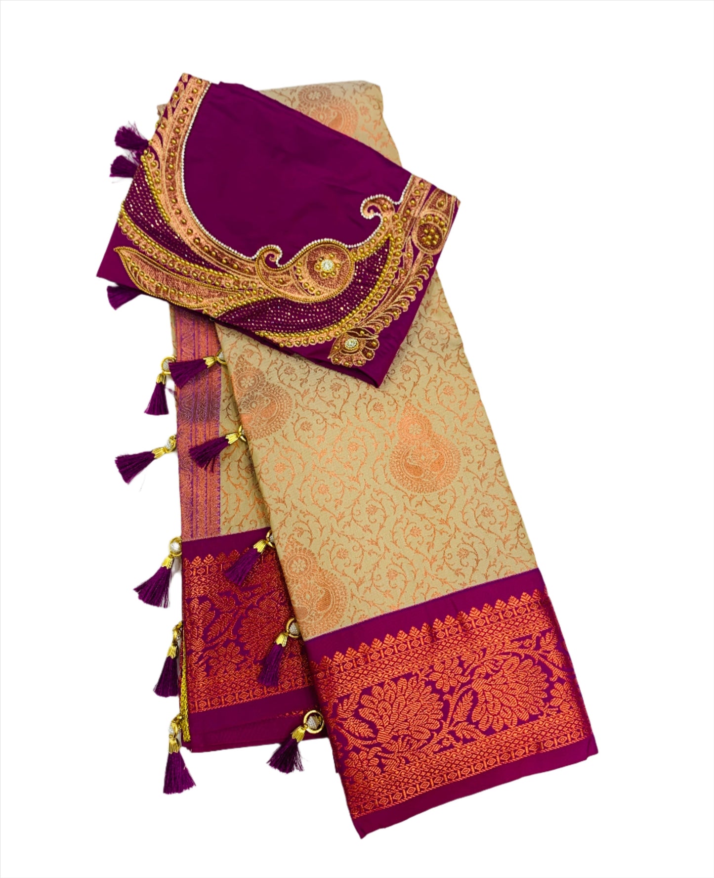 Bridal Vegan Silk Saree Tussar Colour with Copper Border with Unstitched blouse in Aari work