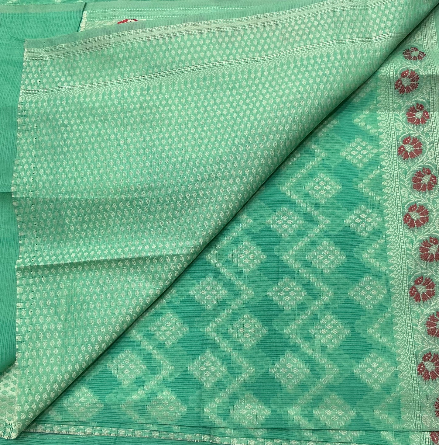 Chettinad Cotton Saree Mint Green Colour with Red Floral Motifs Sliver Zari Base Border