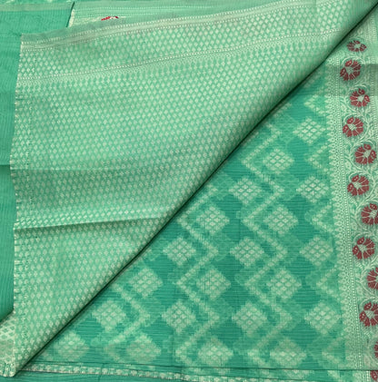 Chettinad Cotton Saree Mint Green Colour with Red Floral Motifs Sliver Zari Base Border