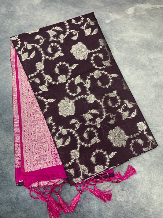 Soft Silk Casual Saree Brown Colour with Pink Colour Border