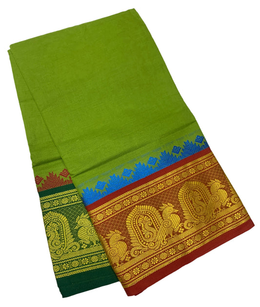 9X5 Cotton Dhoti Olive Green Colour with Red and Green Border