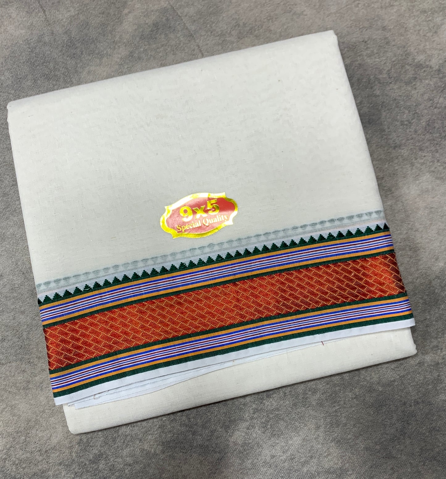 9X5 Cotton Dhoti White Colour with Red and Green Border