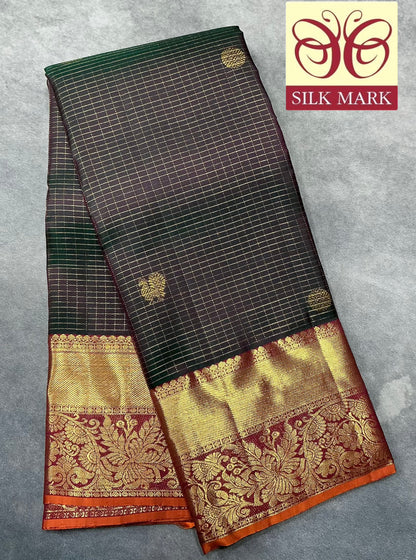 Pure Kanchipuram Silk Saree Dual Tone Colour with Korvai Metallic Golden zari Border