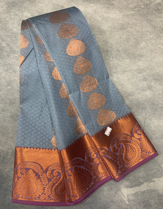 Vegan Silk Saree Gray Colour Saree with Copper Border
