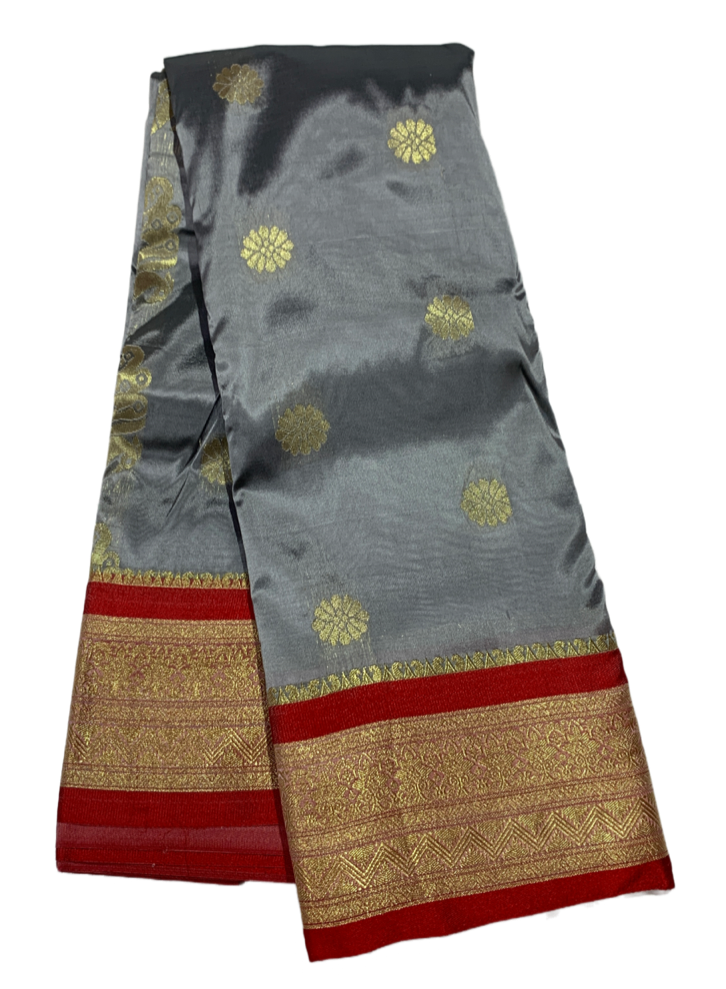 Gray shade saree with Golden and Red Border