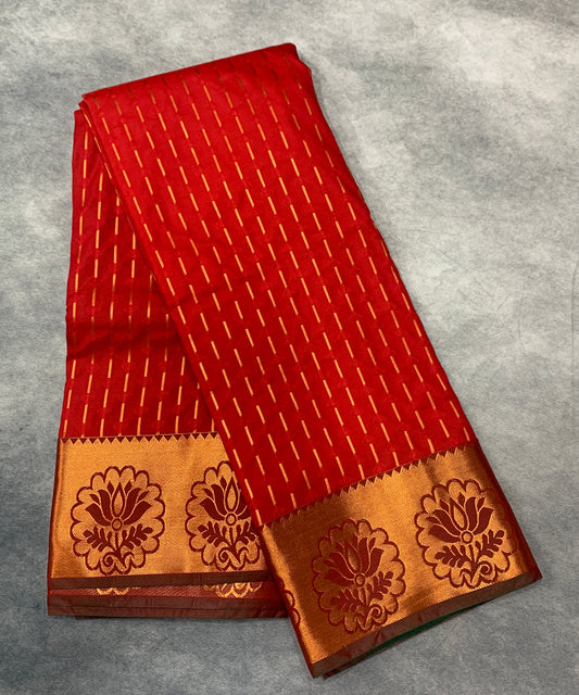 Soft Silk Casual Saree Red Colour with Copper Zari Work Border