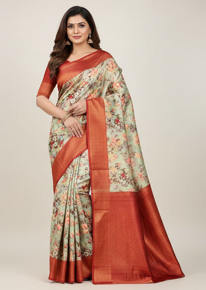 Digital Print Silk Saree Maroon  Colour with Floral Pattern