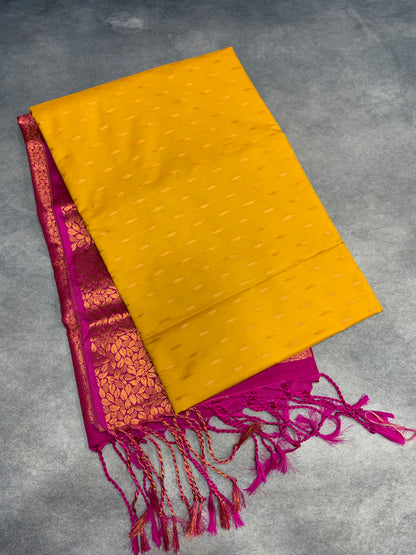 Soft Vegan Silk Saree Yellow Colour with Pink and Copper Border