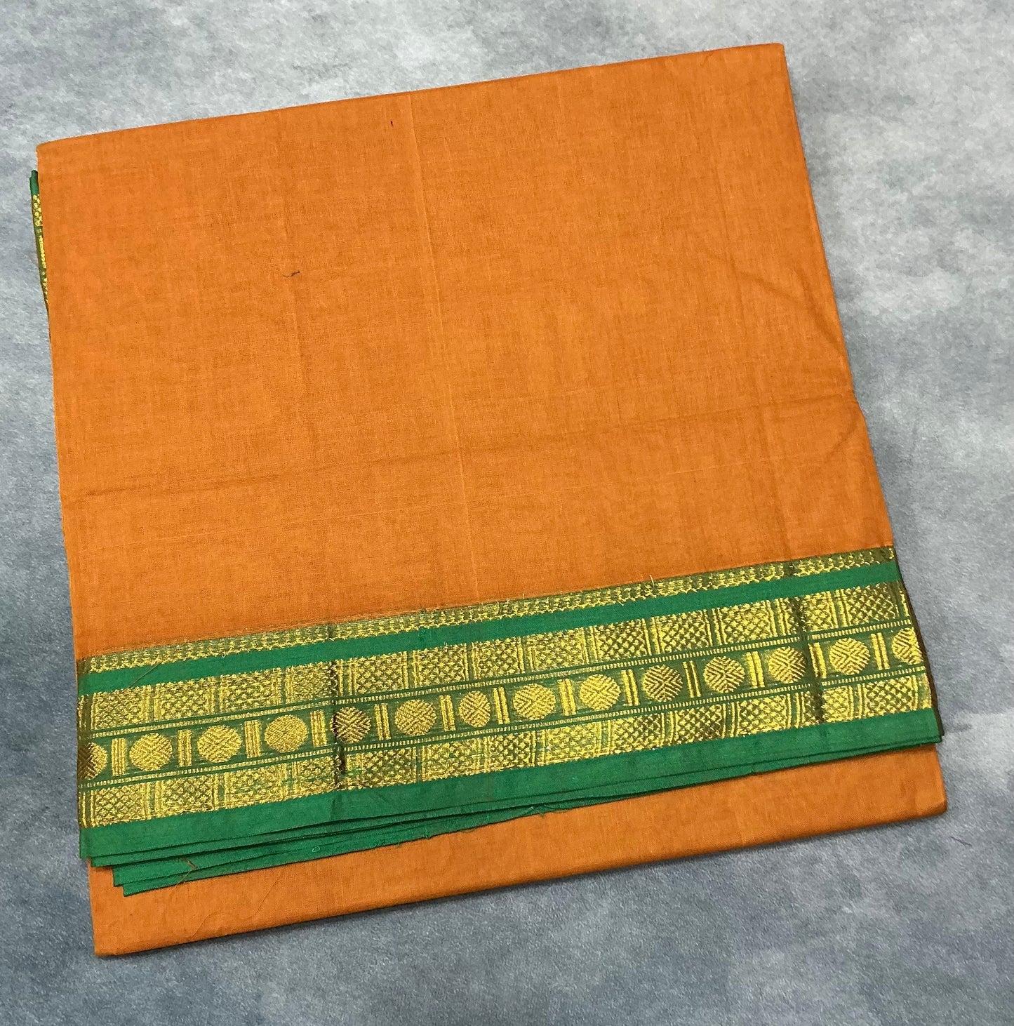 Chettinad Cotton Saree Saffron Colour with Light Green Colour with Zari Work Border