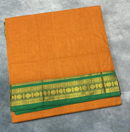 Chettinad Cotton Saree Saffron Colour with Light Green Colour with Zari Work Border