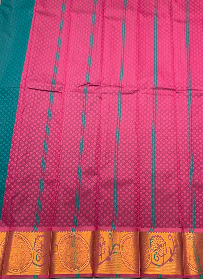 Synthetic Cotton Saree Rama Green Colour with Copper Border