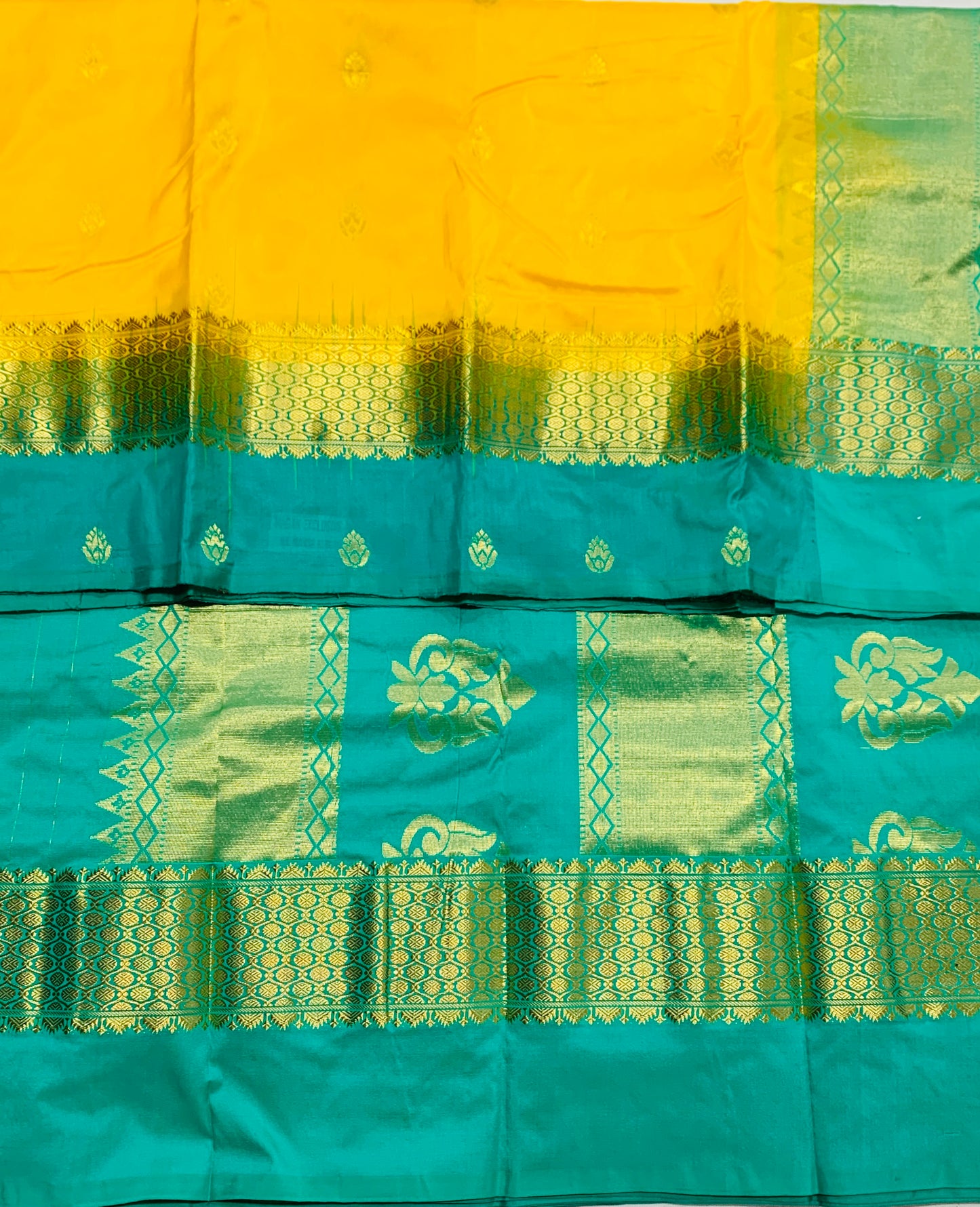 Pure Kanchipuram Silk Yellow Colour with Sapphires Border