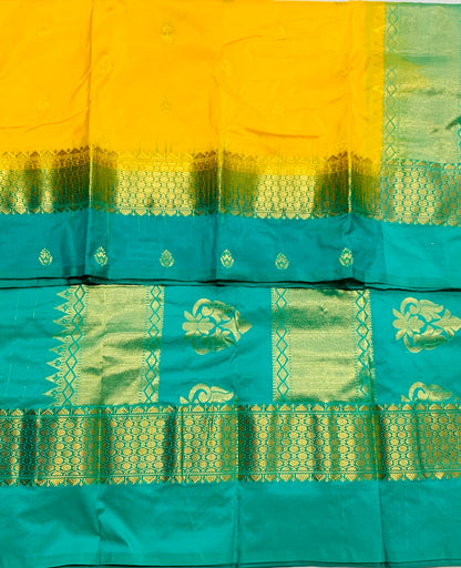 Pure Kanchipuram Silk Yellow Colour with Sapphires Border