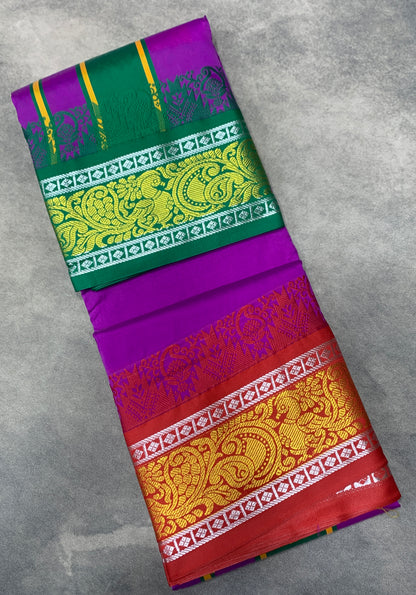 Art Silk Dhothi 9X5 Magenta Colour with Green and Red Colour Ganga Jamuna Border