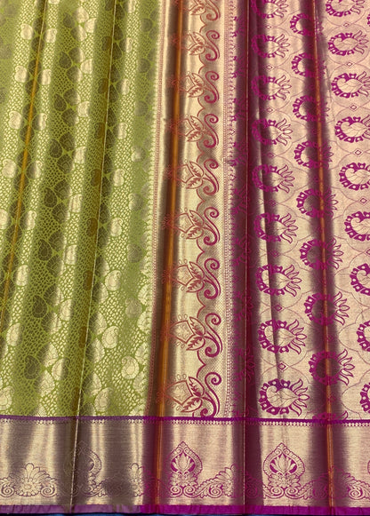 Vegan Silk Saree Lime Green Colour with Copper and Pink Border