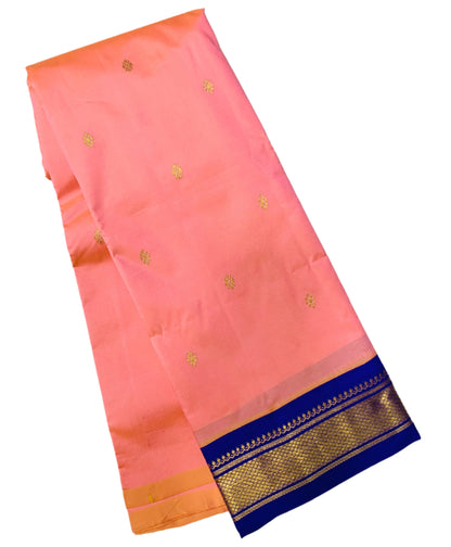 Pure Kanchipuram Silk Peach Pink Colour with Blue Border