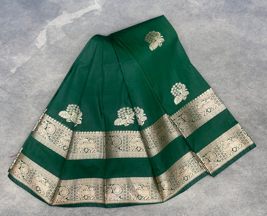 Soft Silk Casual Saree Green Colour with Rettai Pettu Border