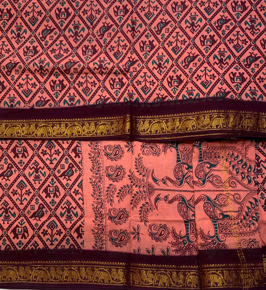 Chettinad Sungudi Cotton Peach Colour with Printed Saree