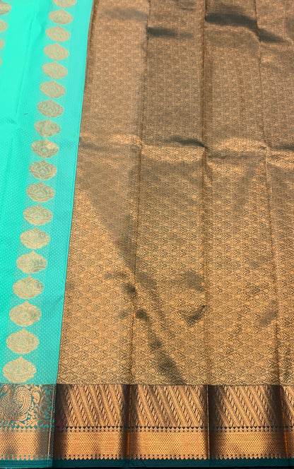 Vegan Silk Saree Light Green Colour Saree with Copper and Green Border