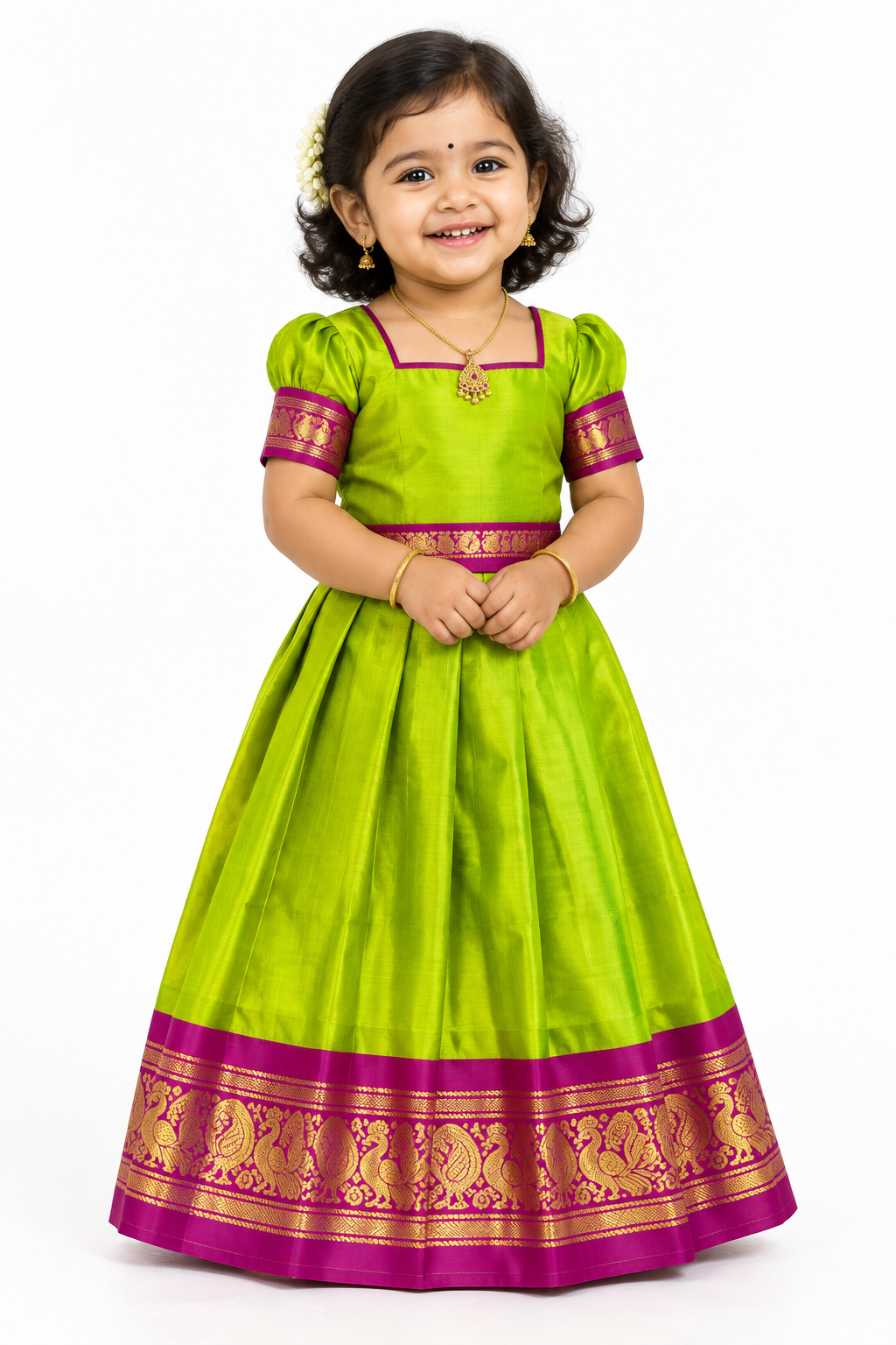 Parrot Green Shade Pure Kanchipuram Kids Pattu Pavadai with Contrast Border for age 2 to 5