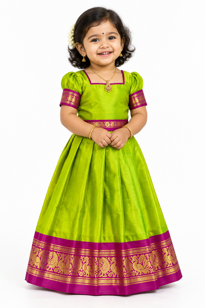 Parrot Green Shade Pure Kanchipuram Kids Pattu Pavadai with Contrast Border for age 2 to 5