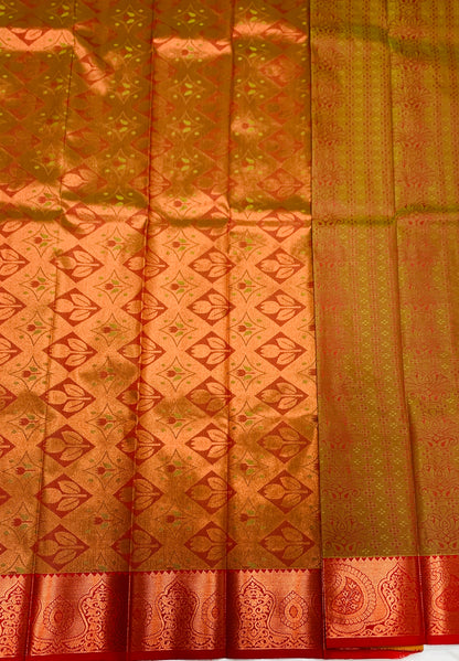 Vegan Silk Saree Apple Green Colour with Copper Border