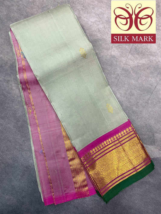 Pure Kanchipuram Silk Saree Light Gray Colour with Pink and Gold Zari Border