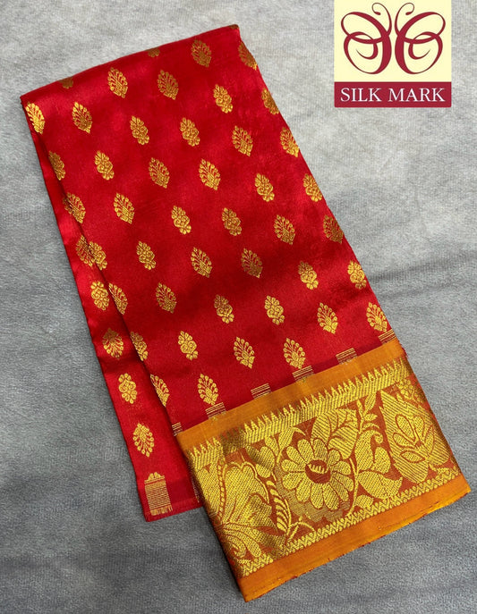 Red Shade Pure Kanchipuram Kids Pattu Pavadai with Contrast Border for Newborn to 2 Years