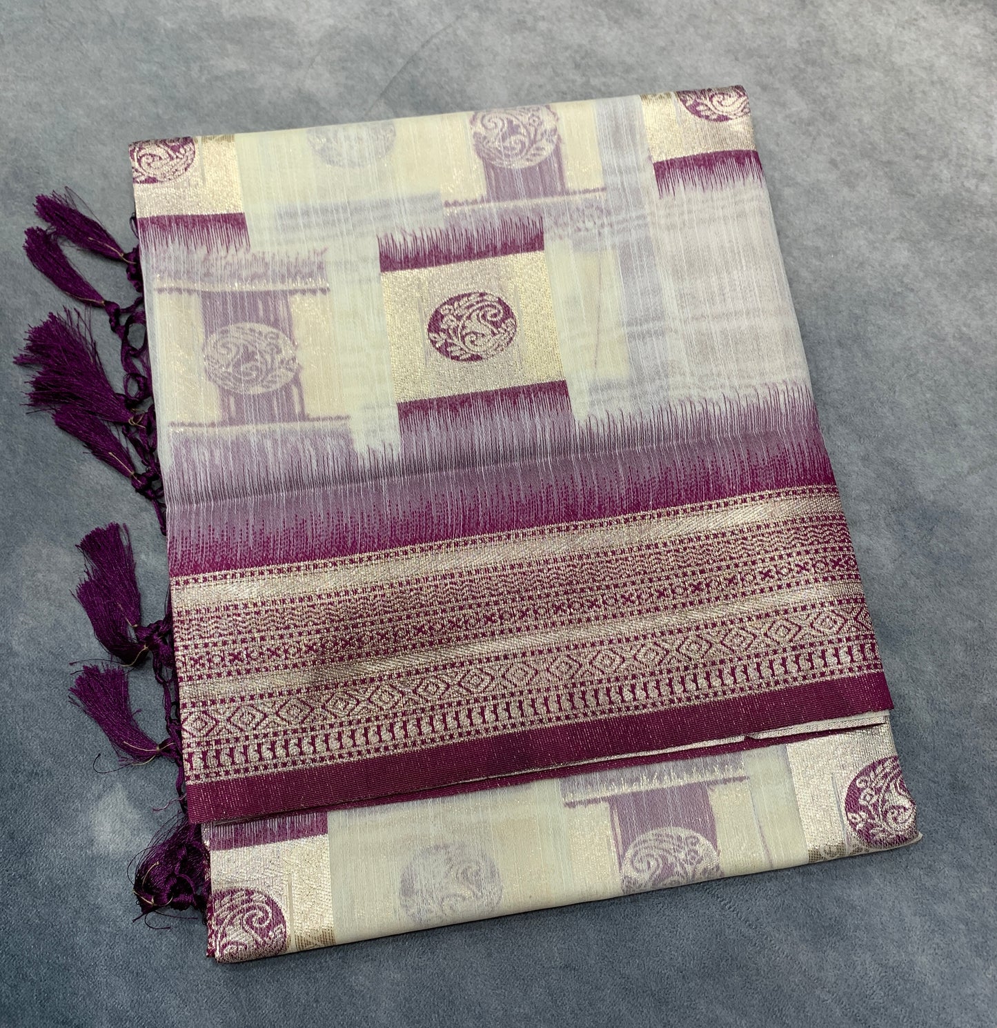 Banaras Katan Saree Off White Colour with Purple Katan Work Border