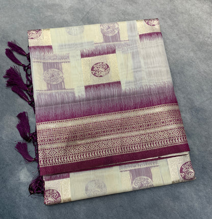 Banaras Katan Saree Off White Colour with Purple Katan Work Border