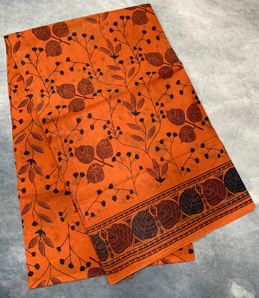 Chettinad Sungudi Cotton Orange Colour with Leaf Design Border