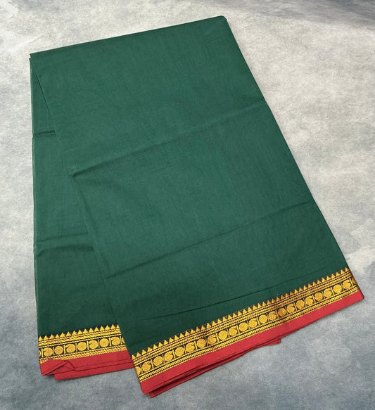 Chettinad Cotton Saree Green Colour with Red Colour with Thread Work Border