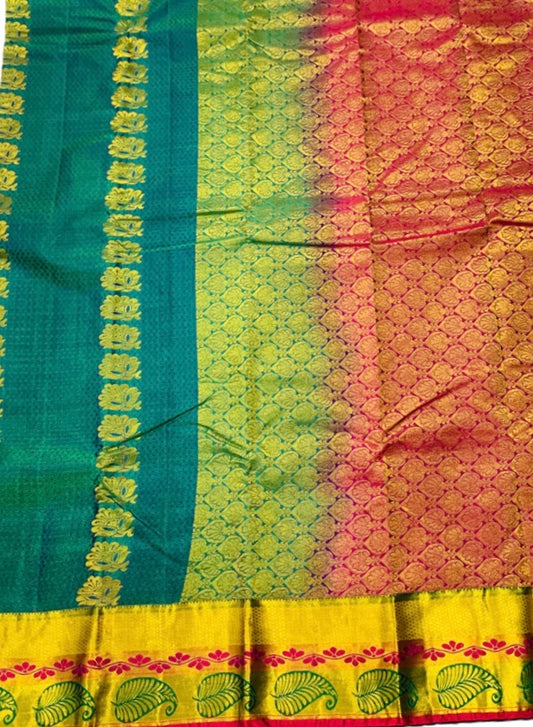 Vegan Silk Saree Green with Golden and Pink Border