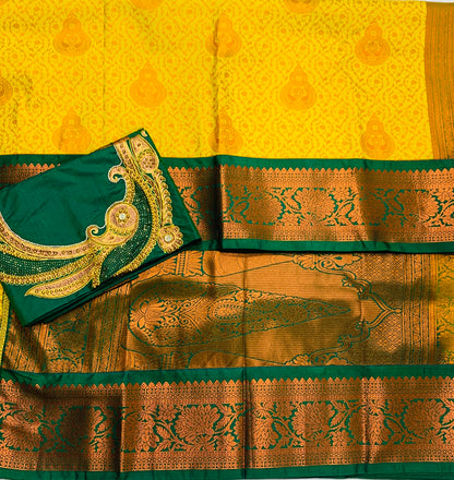 Bridal Vegan Silk Saree Yellow shade with Green Border with Unstitched blouse in Aari work