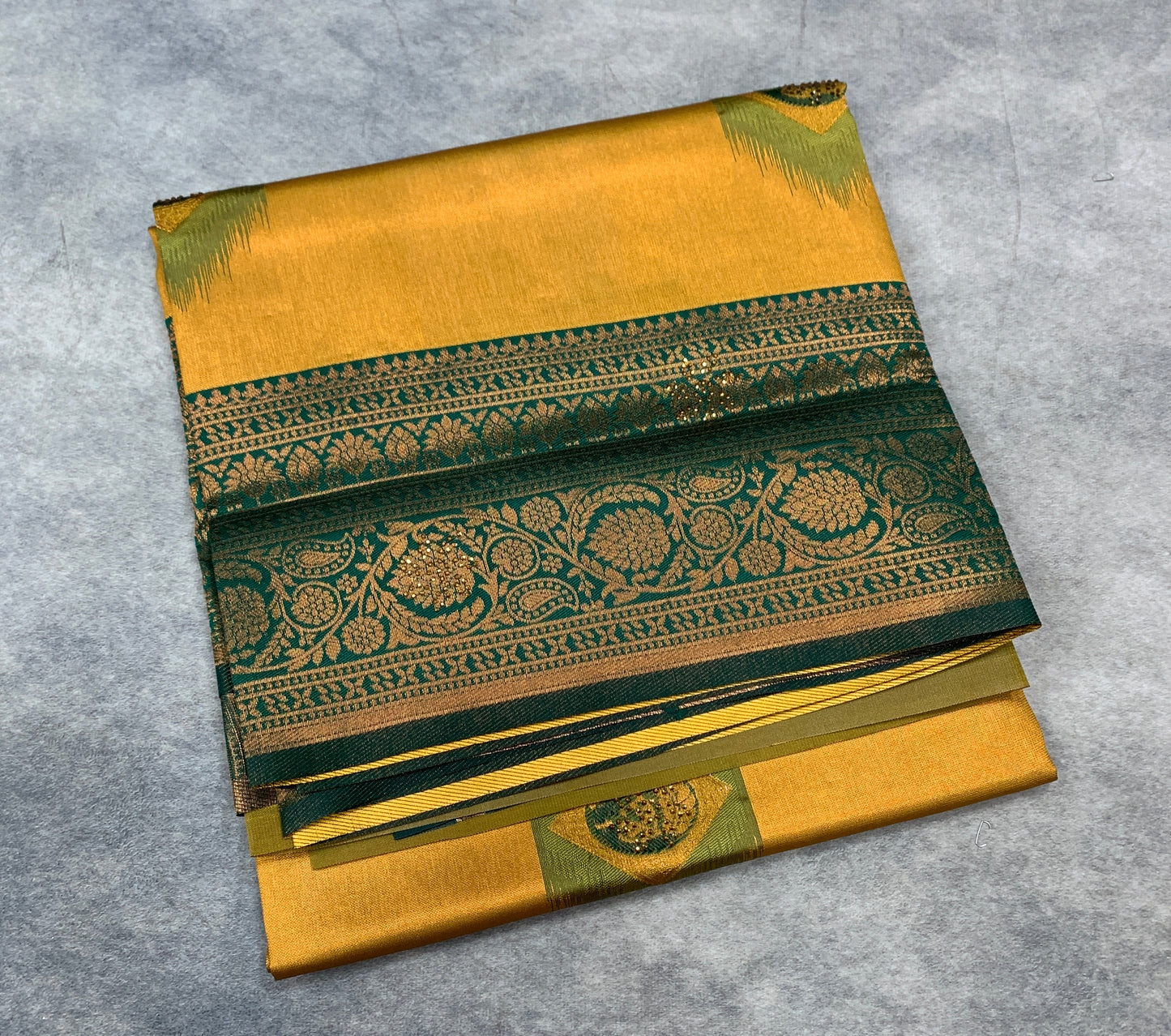 Art Silk Saree Mustard Colour and Stone Work with Green Border