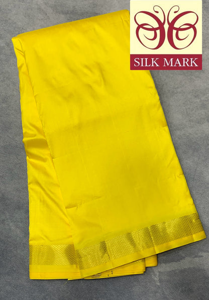 9X5 Pure Silk Lime Yellow Colour Dhoti with Golden Zari Border