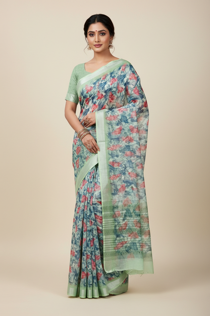 Jute Cotton Saree Light Green Shade with Thread Border