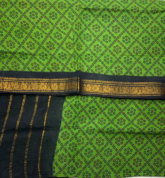 Chettinad Sungudi Cotton Olive Green Colour with Block Green Border