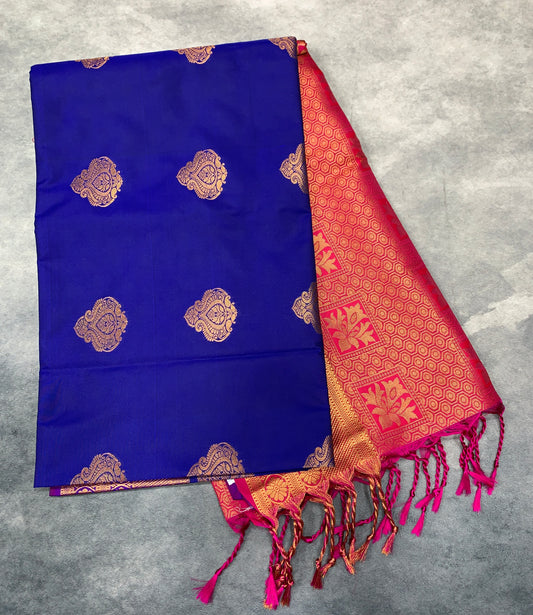 Soft Vegan Silk Saree Blue Colour with Pink and Copper Border