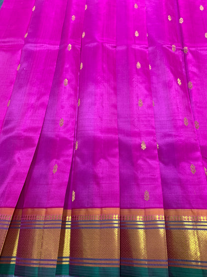 Pure Kanchipuram Silk Saree Pink Colour with Green and Gold Zari Border
