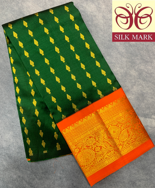 Green Shade Pure Kanchipuram Kids Pattu Pavadai with Contrast Border for Newborn to 2 Years