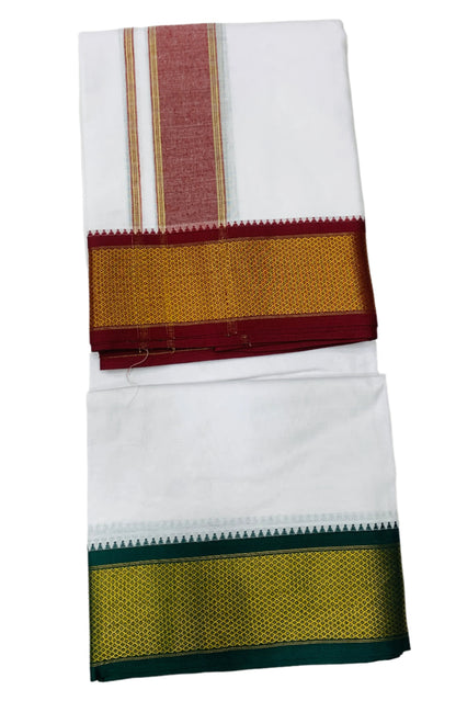 10X6 Cotton Dhoti White Colour with Large Maroon and Green Border