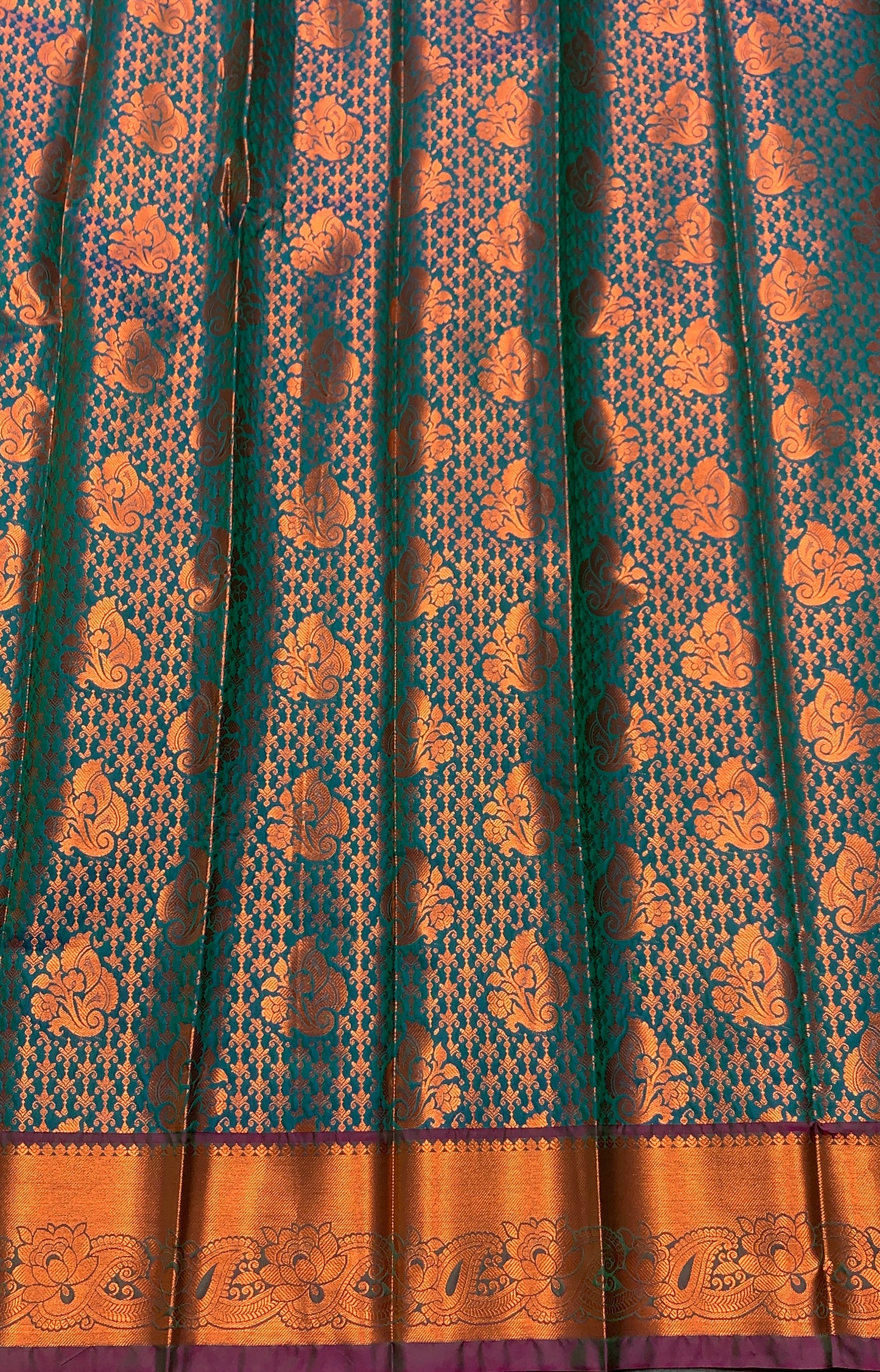 Vegan Silk Saree Peacock Blue Colour with Pink and Copper Border