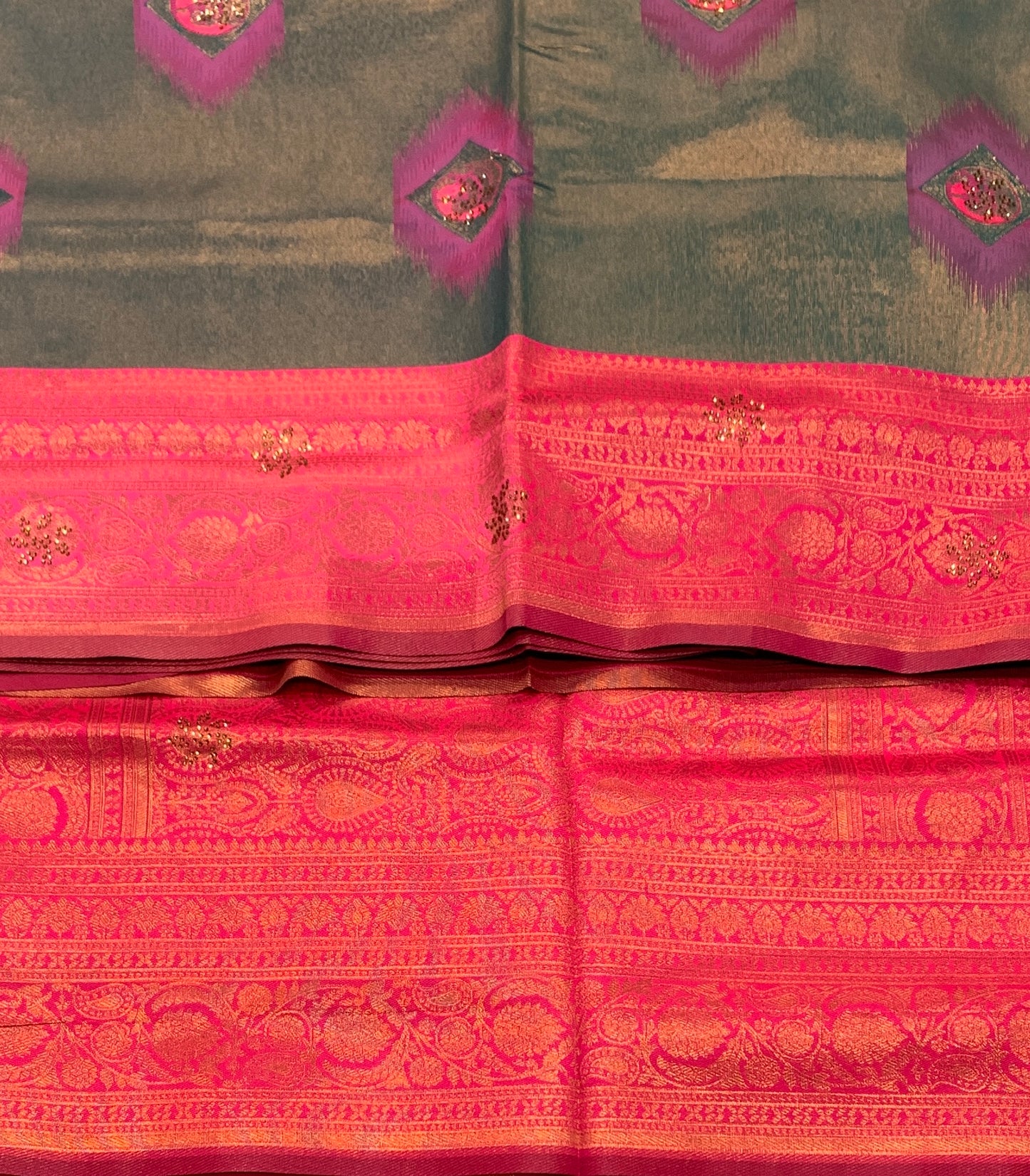Art Silk Saree Greenish Pink Colour and Stone Work with Baby Pink Border