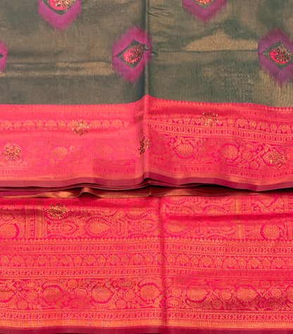 Art Silk Saree Greenish Pink Colour and Stone Work with Baby Pink Border