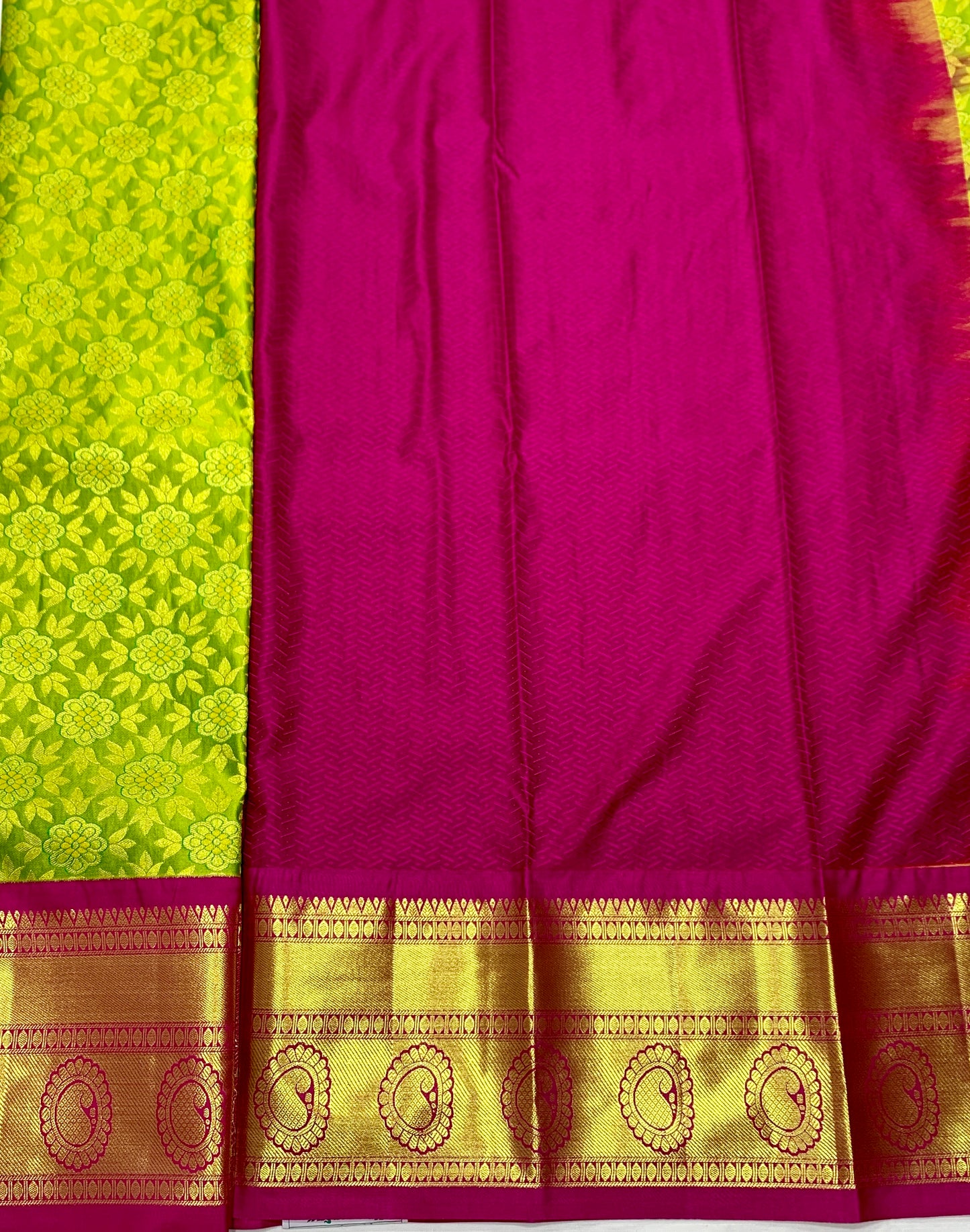 Lime Green shade Vegan Silk Kids Pattu Pavadai with Contrast border for age 5 to 10