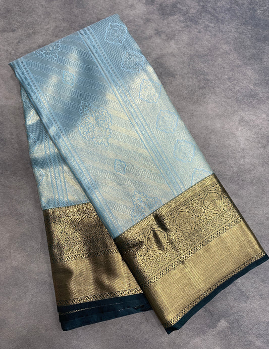 Fancy Tissue Saree Light Sky Blue Colour with Dark Blue Border