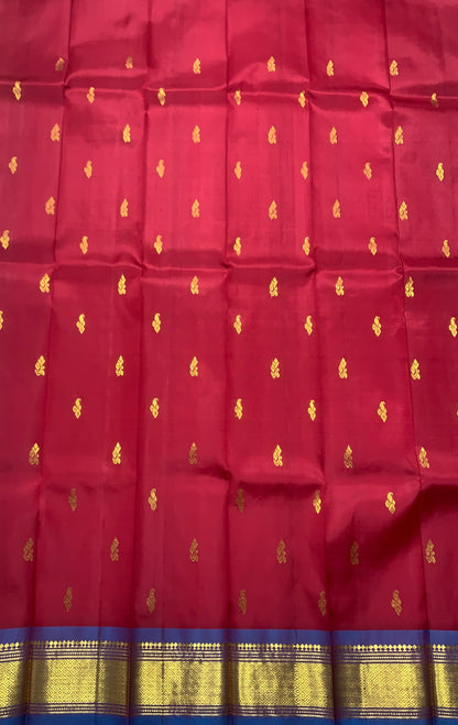 Pure Kanchipuram Silk Saree Maroon Colour with Blue and Gold Zari Border